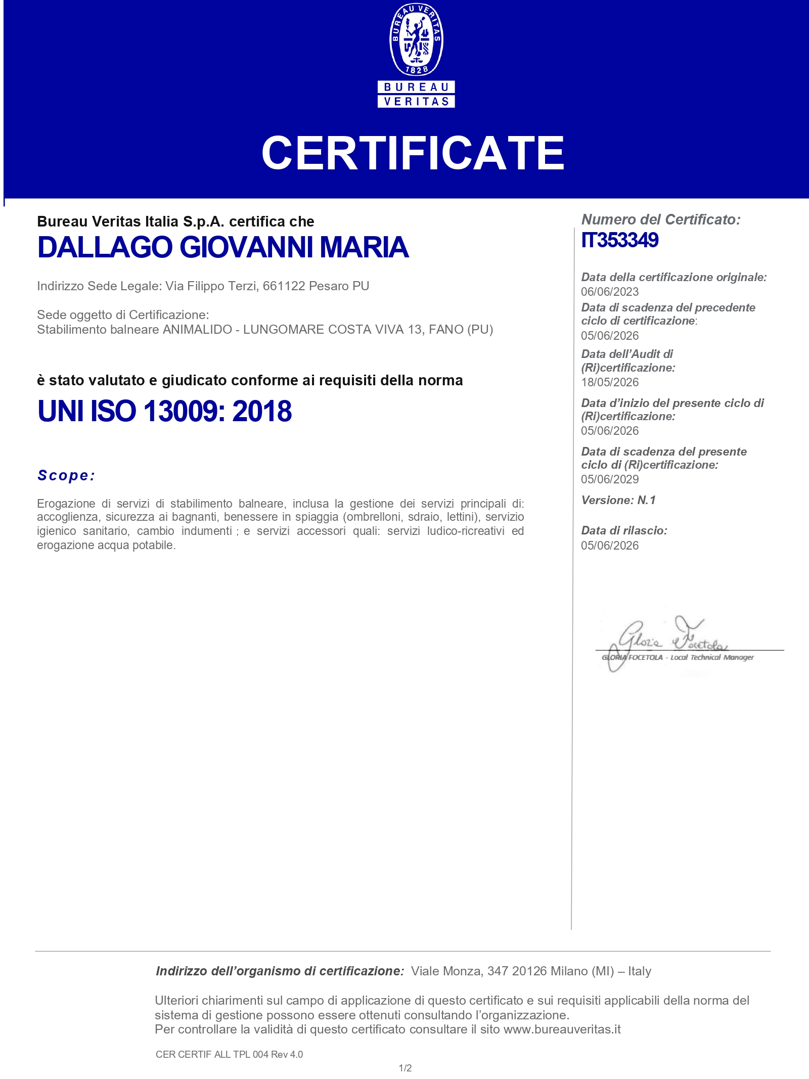 Certificato ISO 13009:2018 Animalido